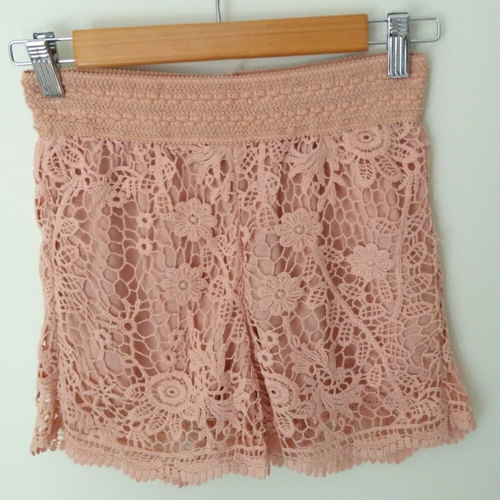 Rebellion  Pale Pink Boho Barbie Crochet Shorts with Stretch Lining FunFemme SzM